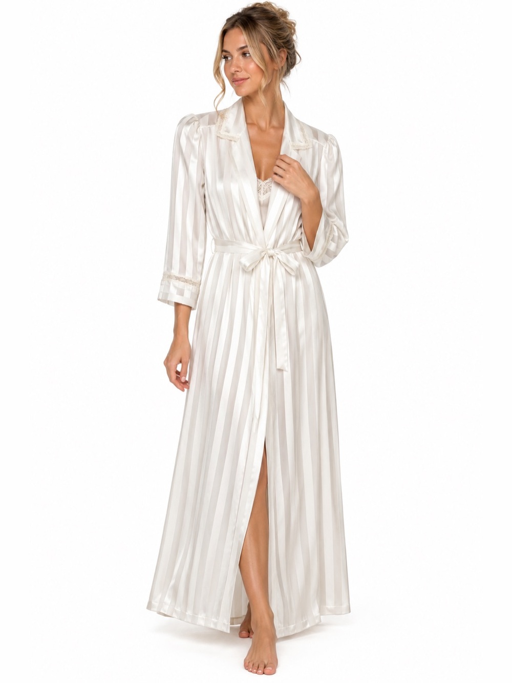 Christian Dior Lingerie Vintage 80s Ivory Striped Satin Maxi Robe Sash